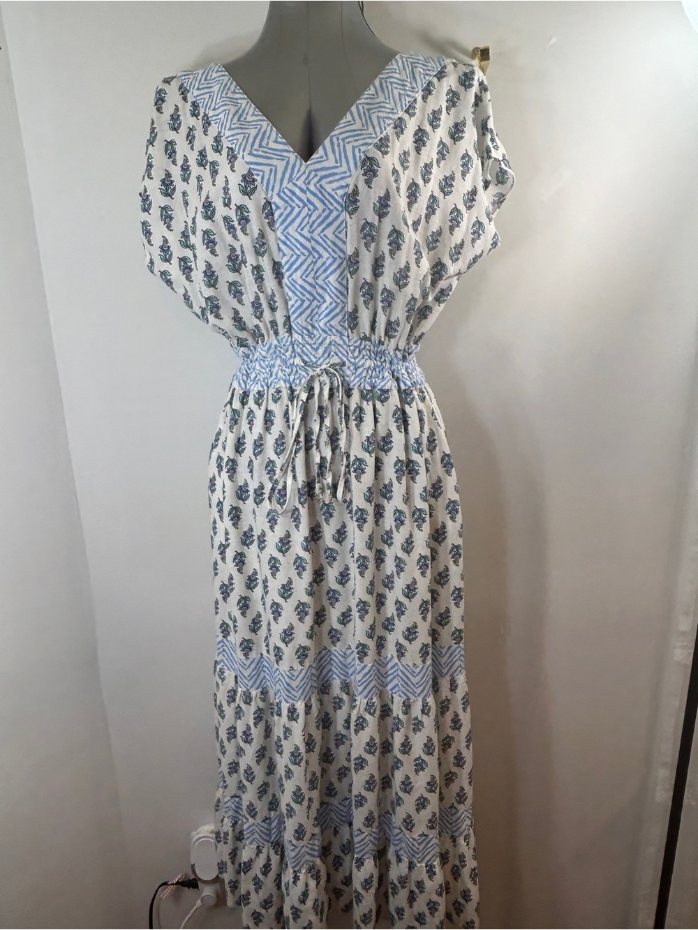 Smocked Waist Blue & White Floral Maxi Dress
